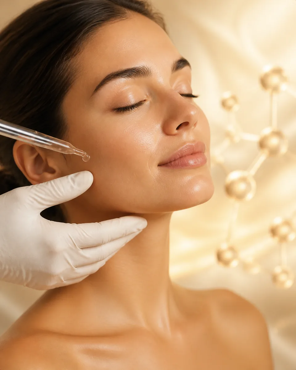 Editorial skincare portrait with a glass dropper and warm copper-toned molecular forms