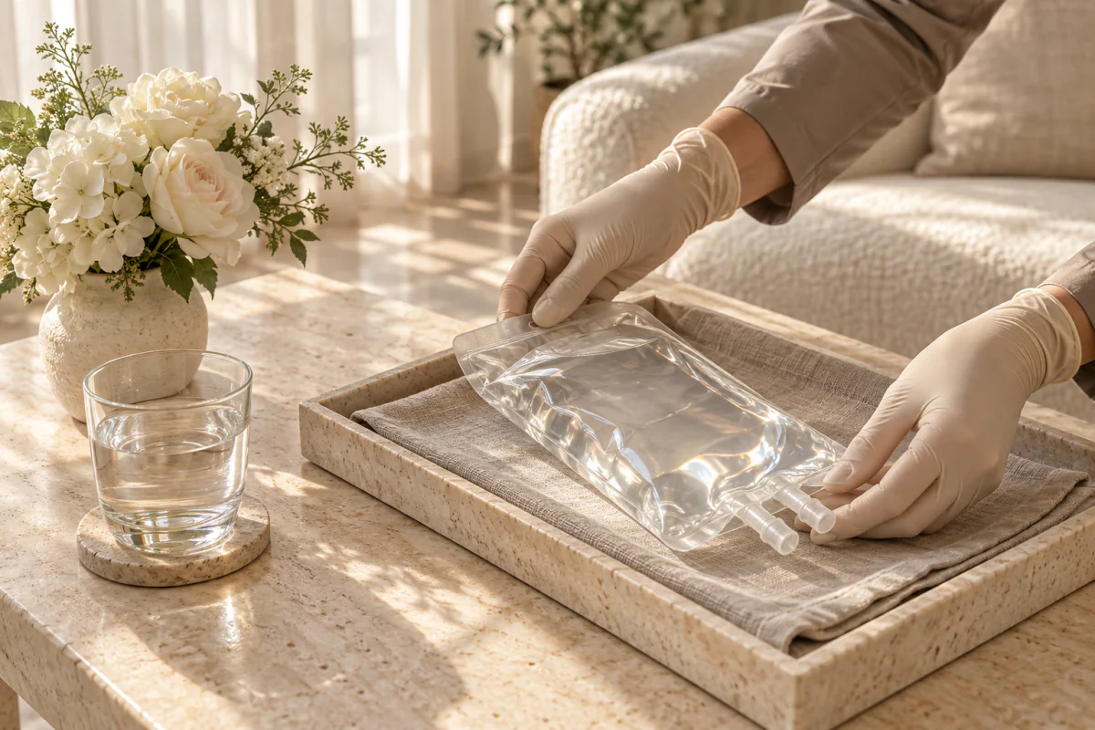 Gloved hands setting a clear IV bag on a linen-lined tray beside flowers and a glass of water