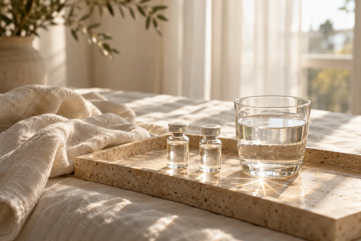 Two small glass vials and a glass of water on a travertine tray in window light