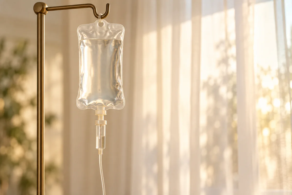 Clear IV bag hanging from a brass stand in warm window light