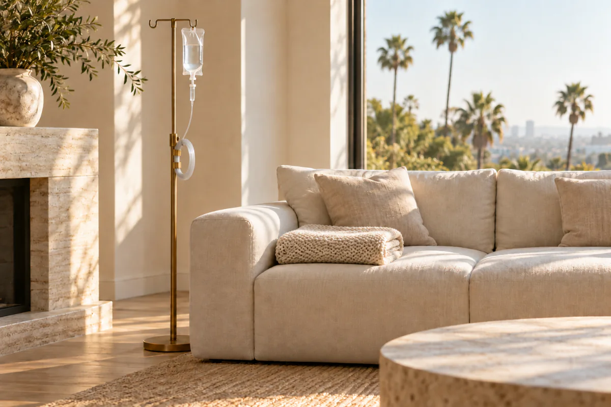 Sunlit living room with a cream sofa and a brass IV stand, palm trees outside