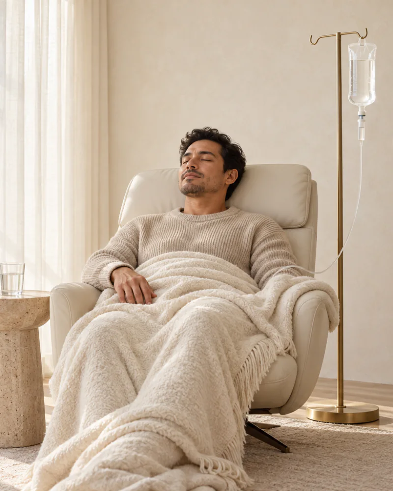 Man resting under a cream throw in a lounge chair beside a brass IV stand