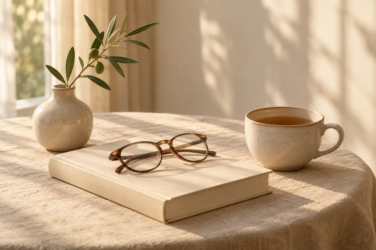 Cup of tea, reading glasses on a closed book and an olive sprig on a linen-covered table