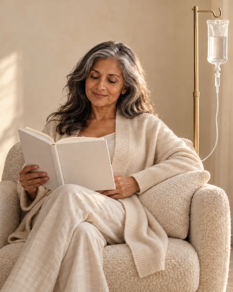 Woman with silver-streaked hair reading in an armchair beside a brass IV stand