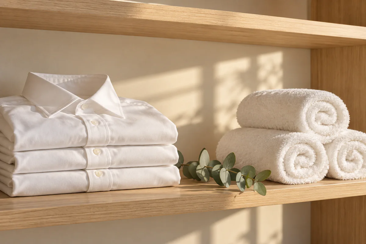 Folded white shirts and rolled white towels on a light oak shelf with eucalyptus