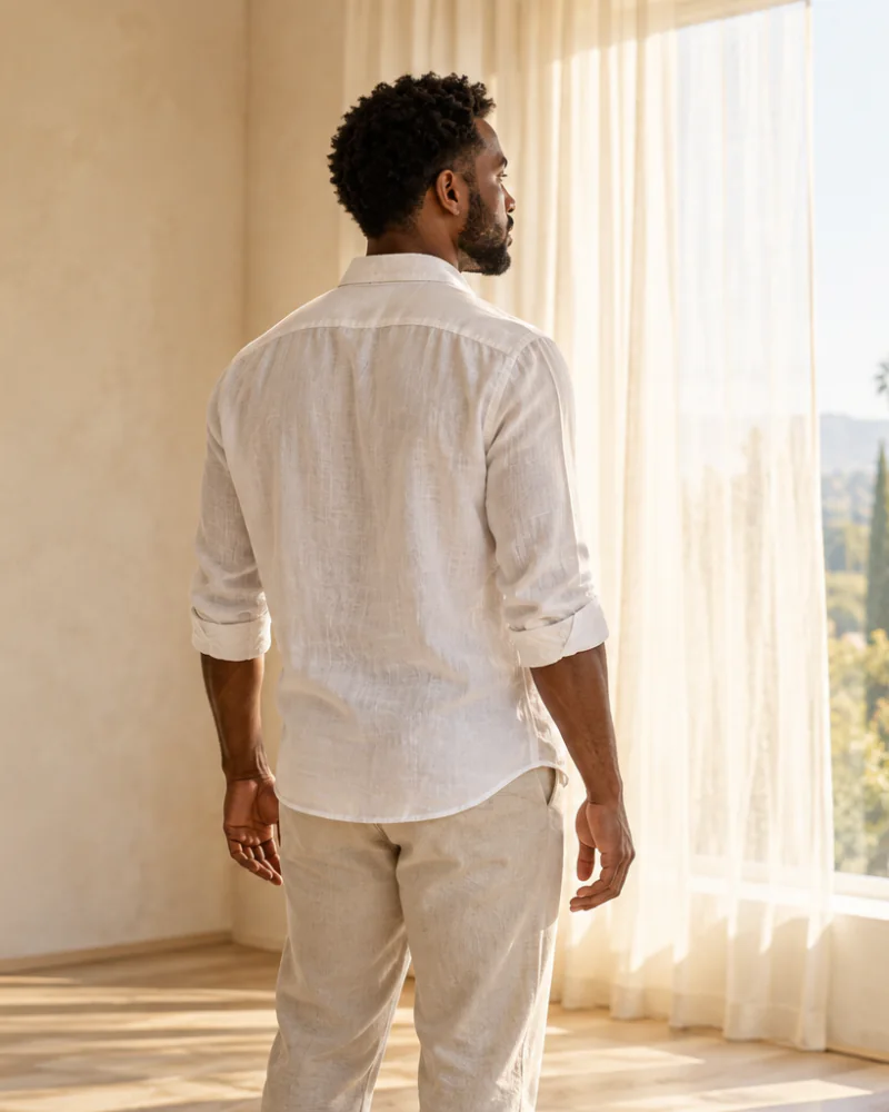Man in a white linen shirt looking out a tall window, seen from behind