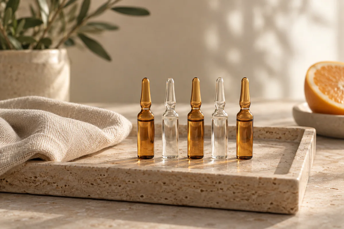 Row of amber and clear glass ampoules on a travertine tray beside a halved orange