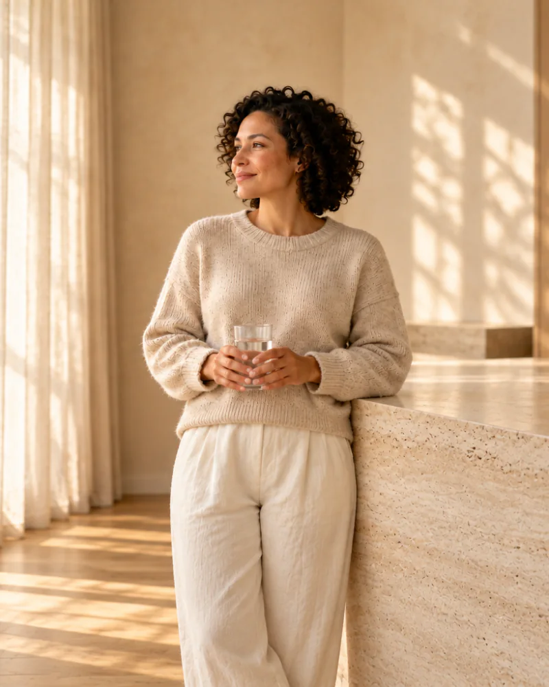 Woman in an oat knit sweater holding a glass of water beside a travertine kitchen island