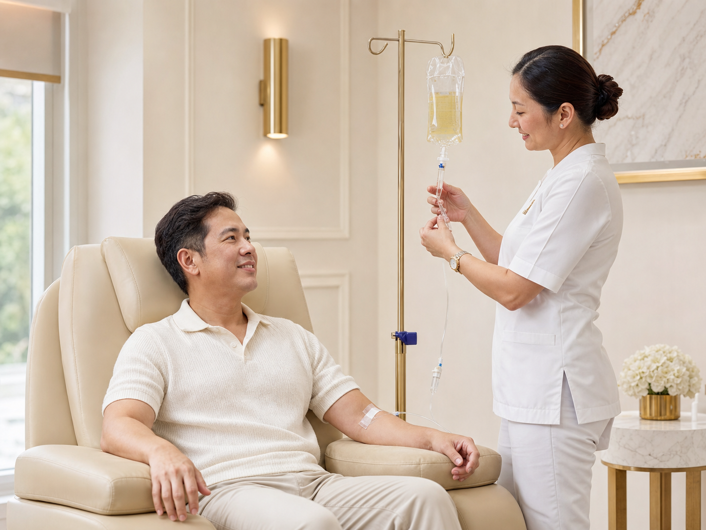 Nurse checking an immune-support IV drip