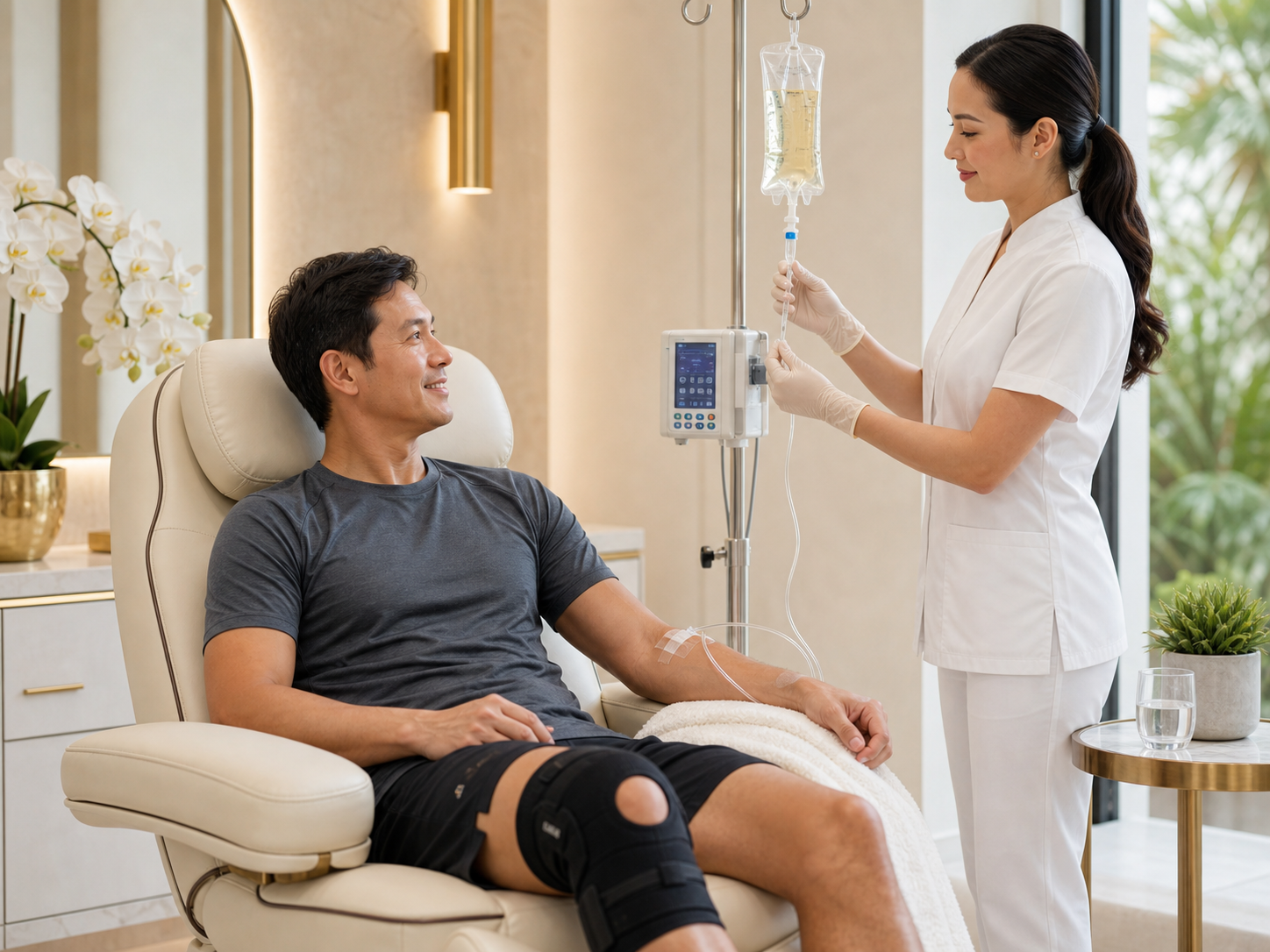 Patient resting during recovery-focused IV therapy