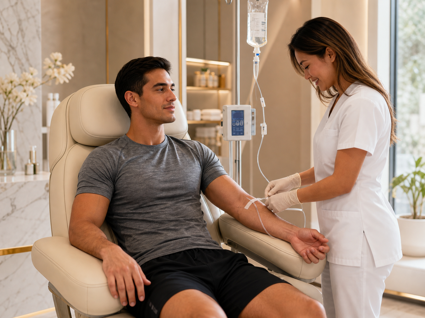 Athletic client receiving recovery IV therapy