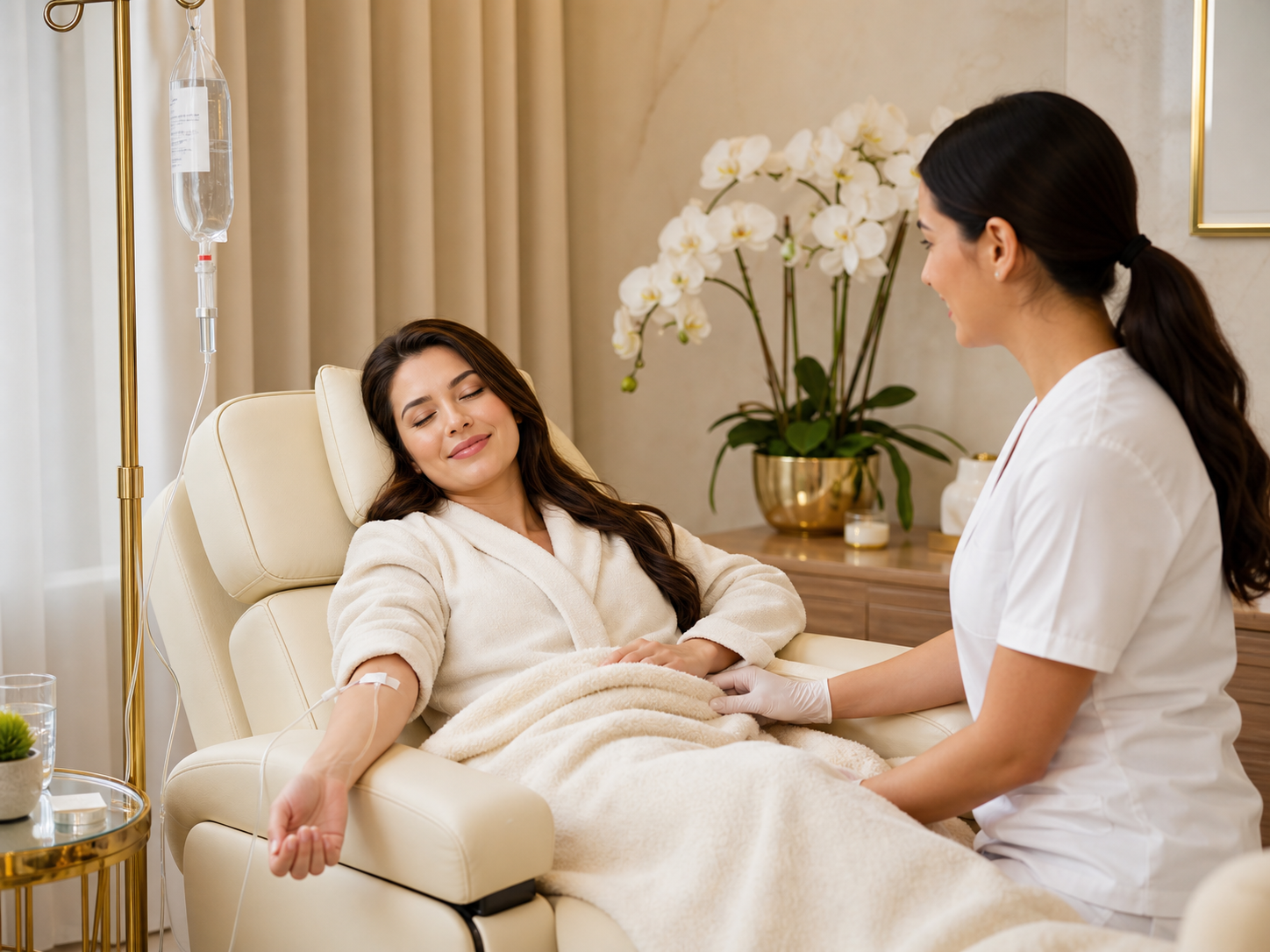 Relaxed patient under a blanket during IV therapy